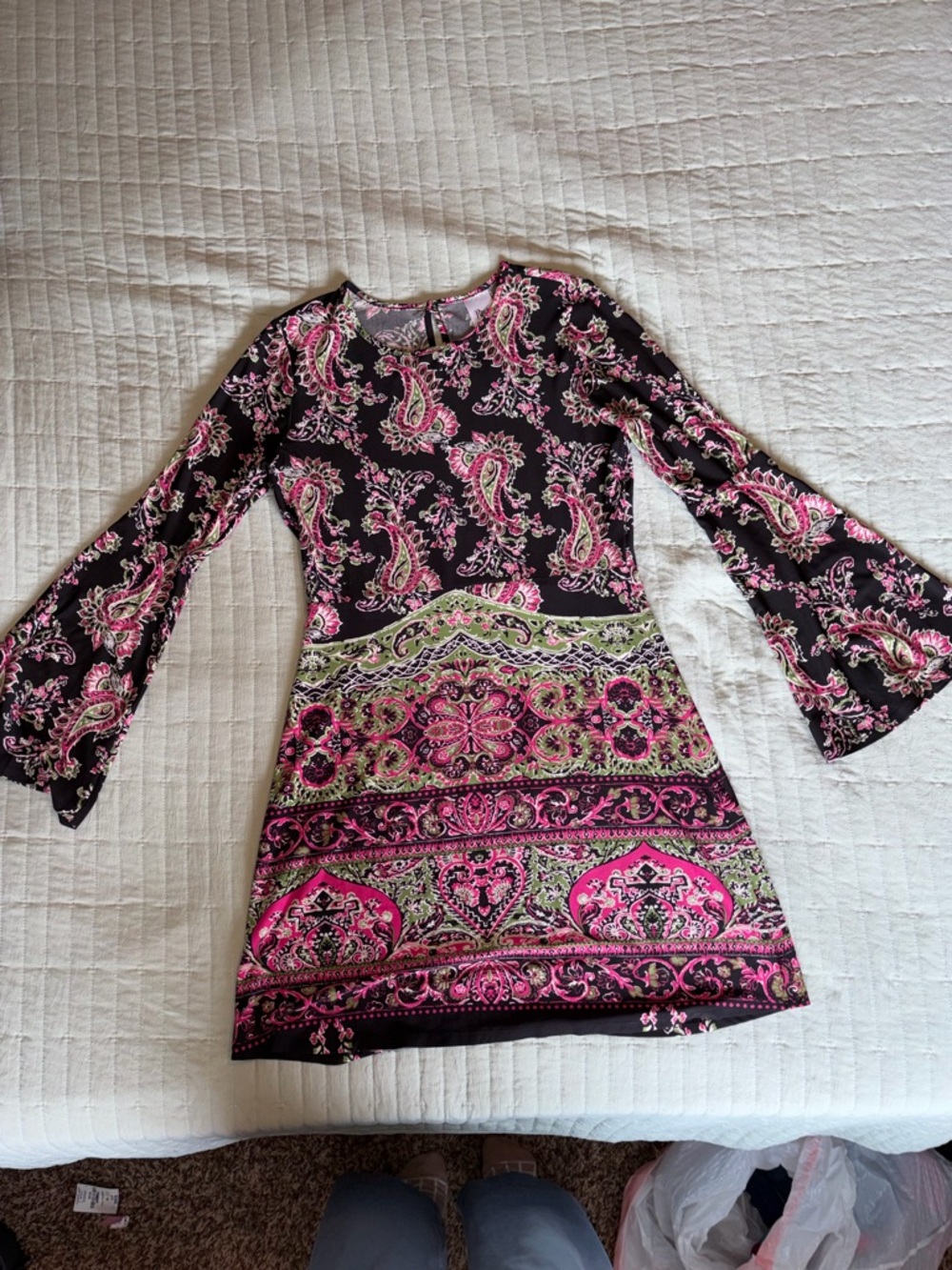 Pink Paisley Midi Dress with Bell Sleeves